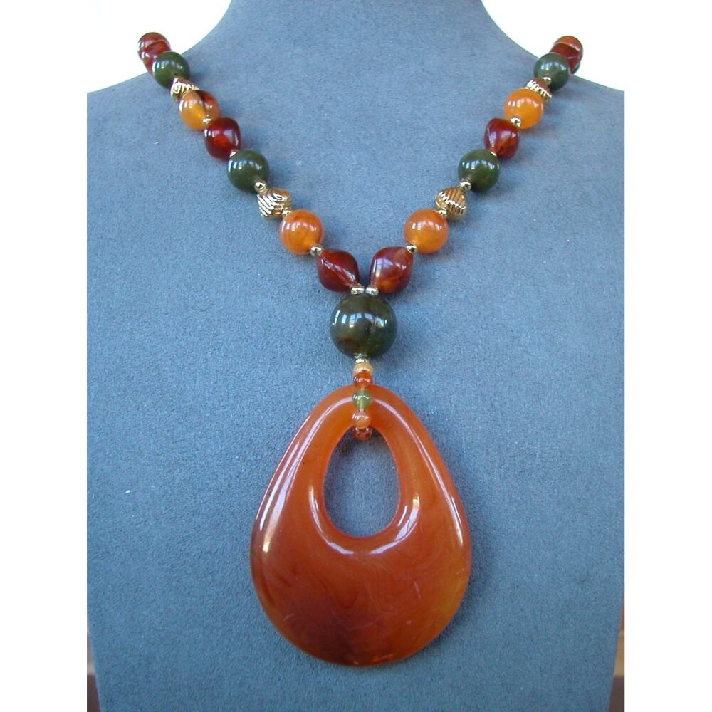 Vintage Acrylic Beaded Necklace Green & Orange Beads, 2" Teardrop Pendant 22" Le